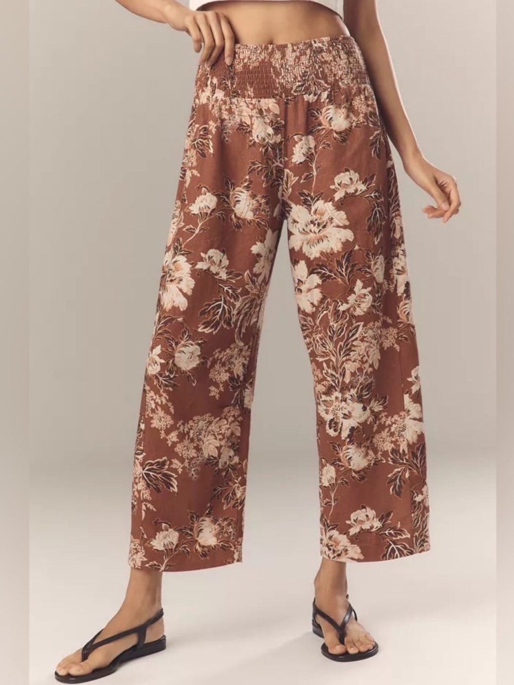 Anthropologie Pilcro Reese Brown Floral Linen Barrel Pull On Pants Size Large